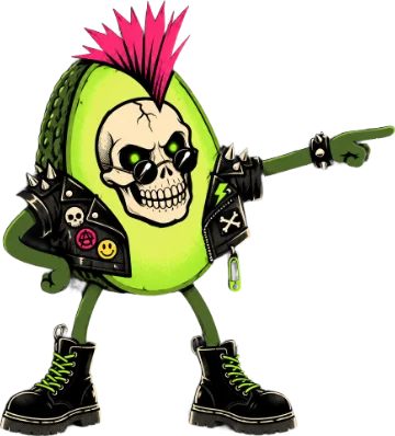 Pitt the punk avocado in a studded leather jacket and pink mohawk, pointing at our social links